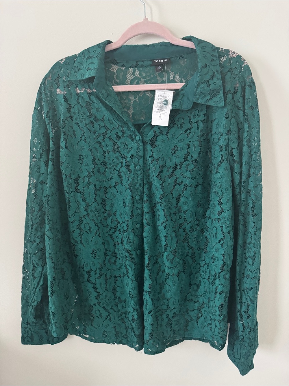 NWT Torrid Emerald Green Lace Button Front Blouse‎ Size 1X 14/16